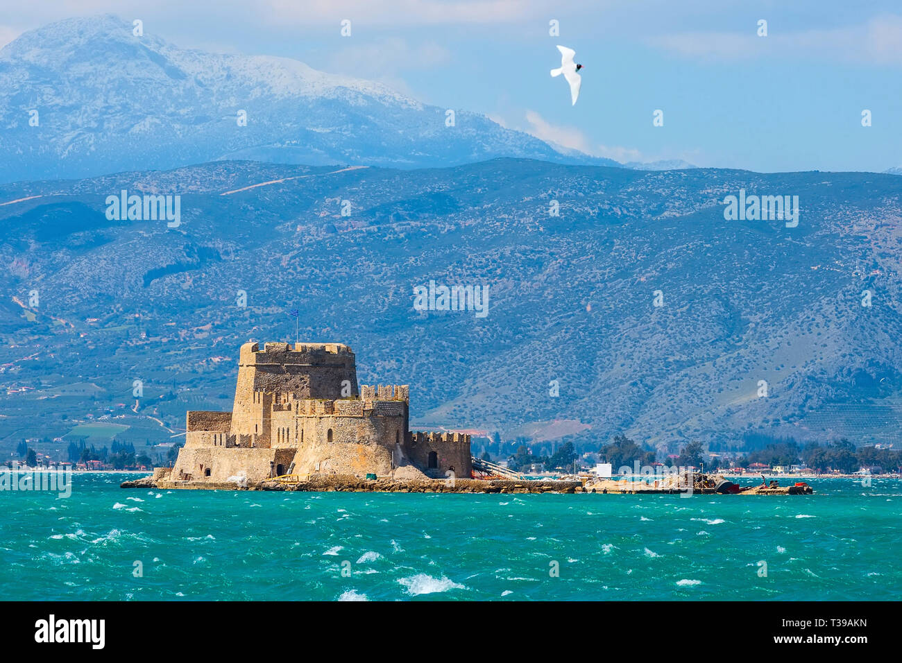 Bourtzi fortress in the sea in Nafplio or Nafplion town the first capital of Greece, Peloponnese Stock Photo