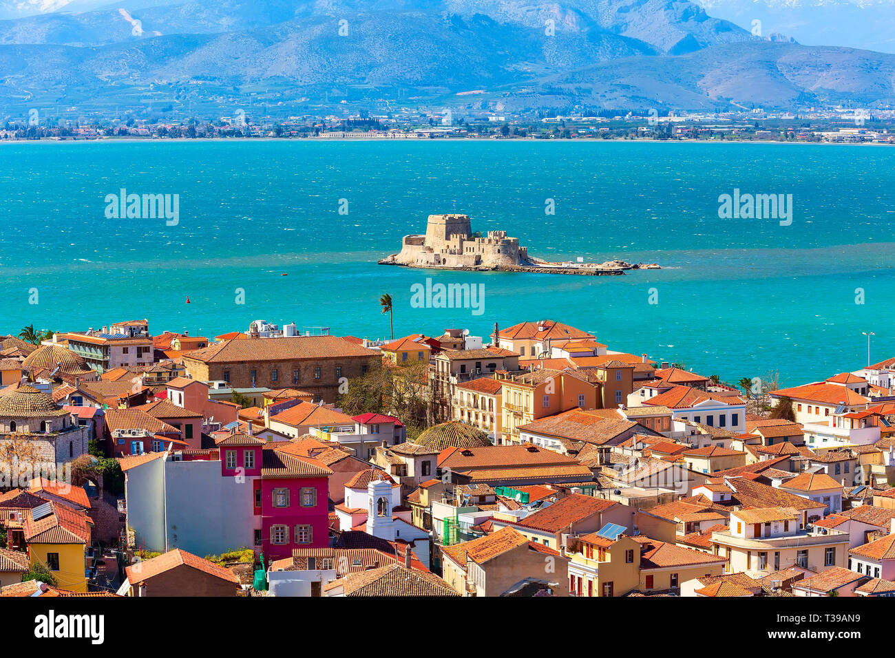 Old town aerial panorama with Bourtzi fortress in the sea in Nafplio or Nafplion, Greece, Peloponnese Stock Photo