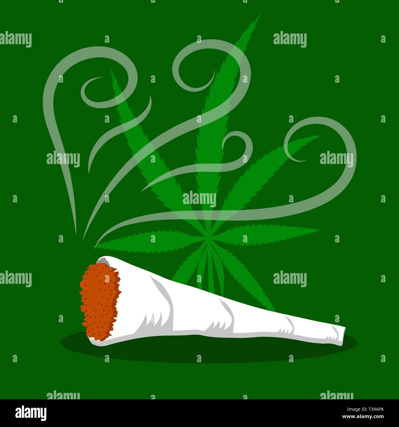 Green Cannabis Leaf. Drug Consumption, Marijuana Use. Burning Joint Stock Vector