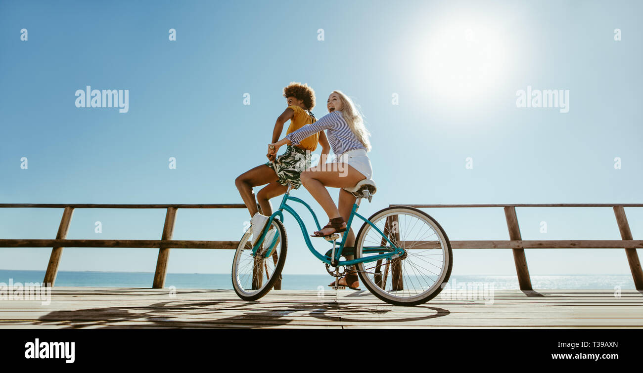 Young woman balancing on the handlebars of a bicycle ridden by her friend on a summer day. Friends going on a bike ride on seaside boardwalk. Stock Photo