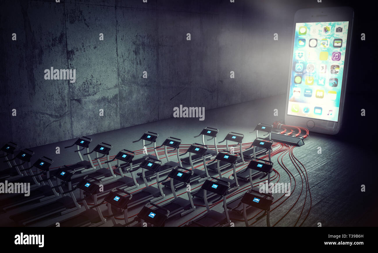 3d rendered image of a series of treadmills that supply energy to a huge smartphone, grunge architecture background. Technology addiction and slavery  Stock Photo