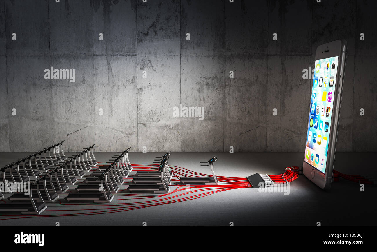 3d rendered image of a series of treadmills that supply energy to a huge smartphone, grunge architecture background. Technology addiction and slavery  Stock Photo