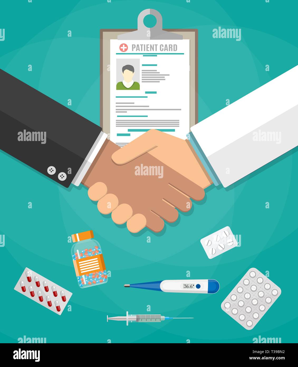 handshake between doctor and patient, patient card, tablets and pills ...