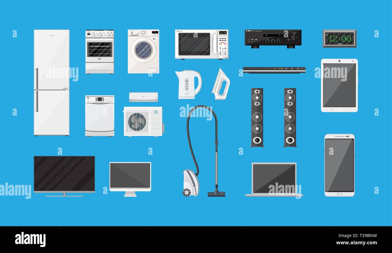 Household Appliances and Electronic Devices set on blue background. vector illustration in flat
