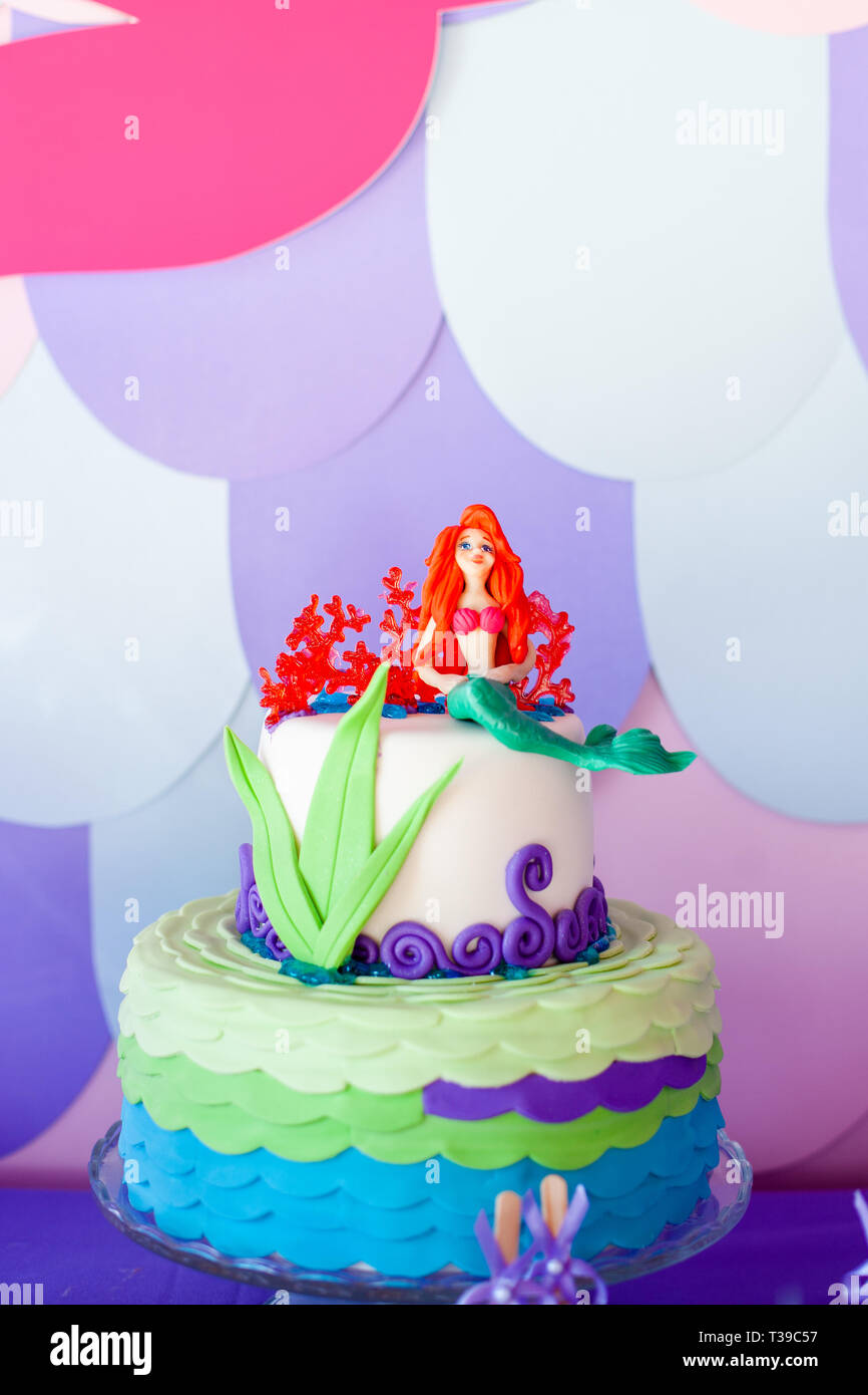 Mermaid Theme Cake With Colorful Glitter Tails Shells And Sea