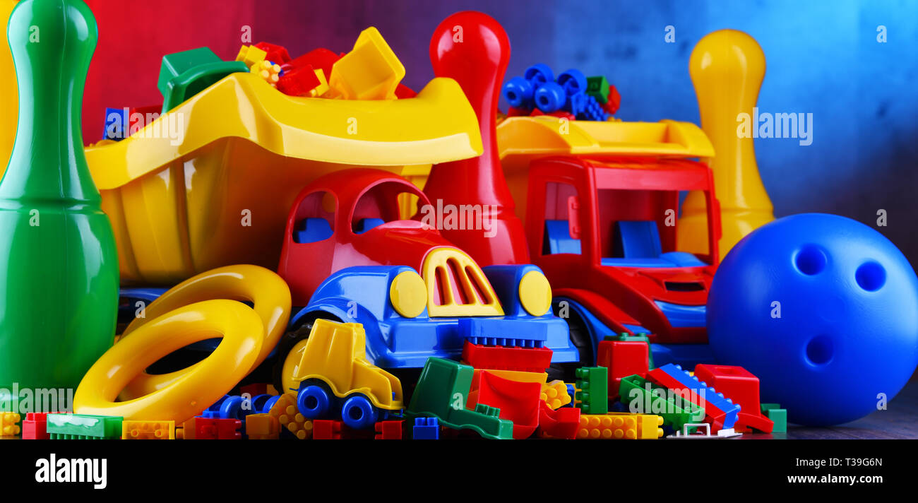Composition with colorful plastic children toys Stock Photo Alamy