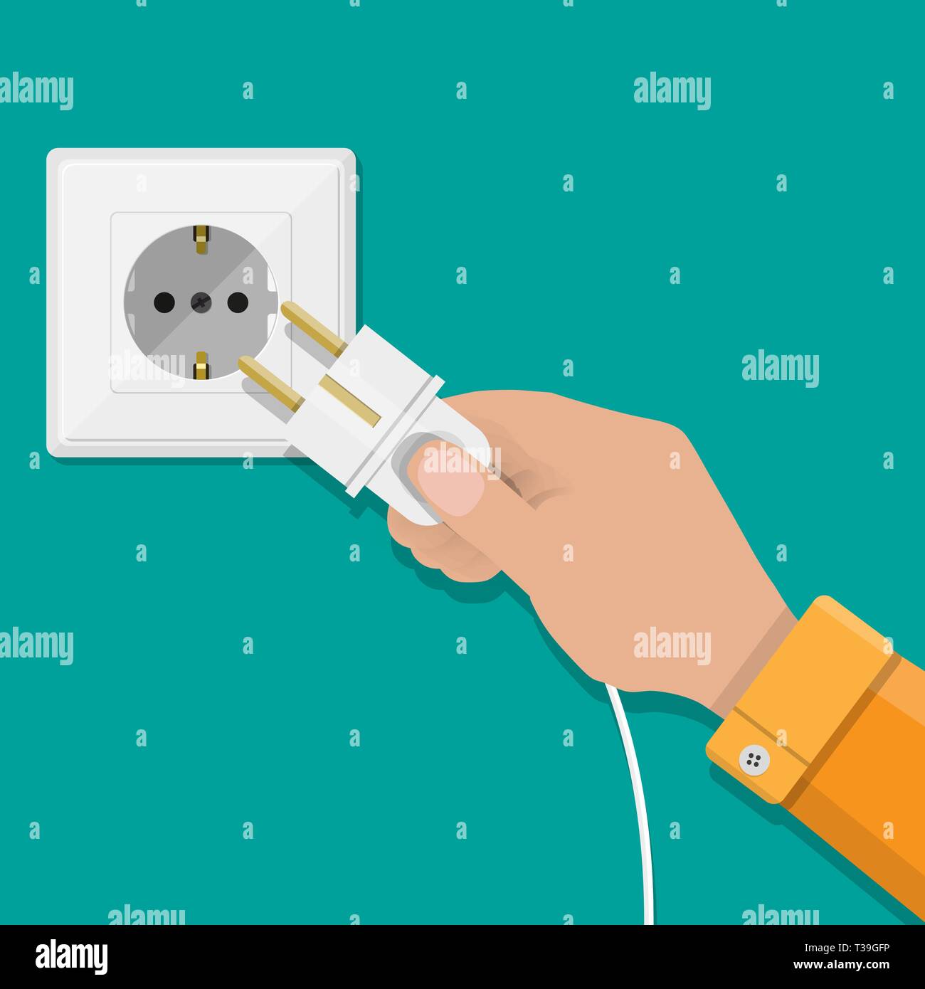 Electric white socket and hand with plug on green background. vector ...