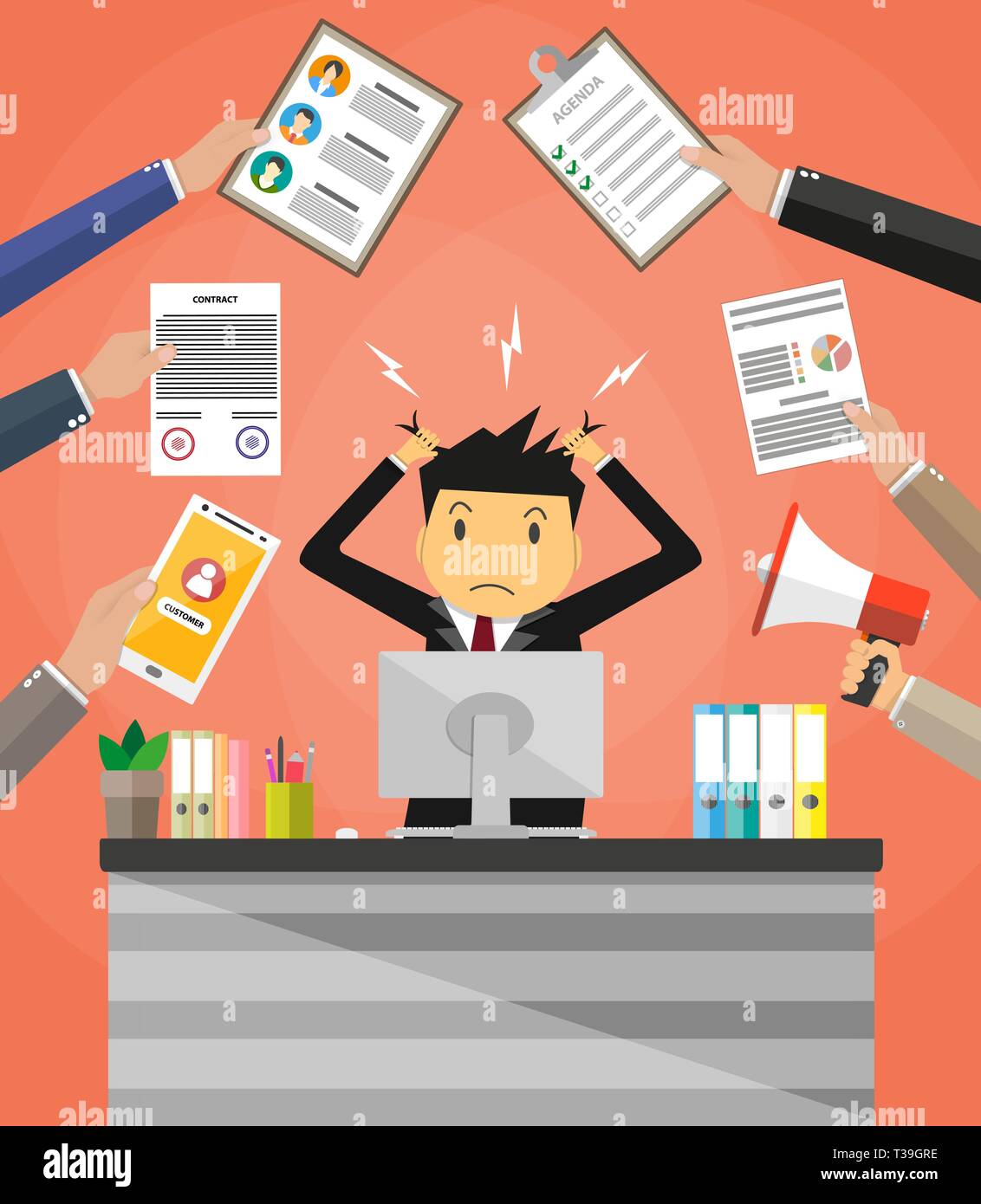 Stressed cartoon businessman in pile of office papers and documents tearing  his hair out. Office workplace with pc monitor. Stress at work. Overworked  Stock Vector Image & Art - Alamy