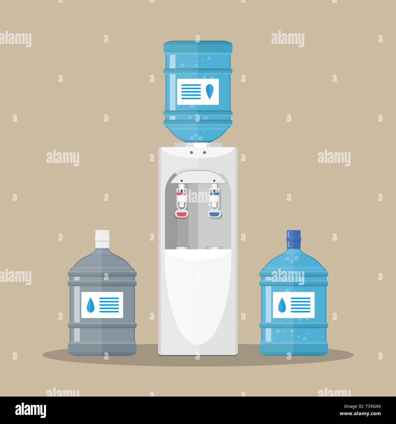 Gray white plastic water cooler with blue full and empty bottles. vector illustration in flat design on brown background Stock Vector