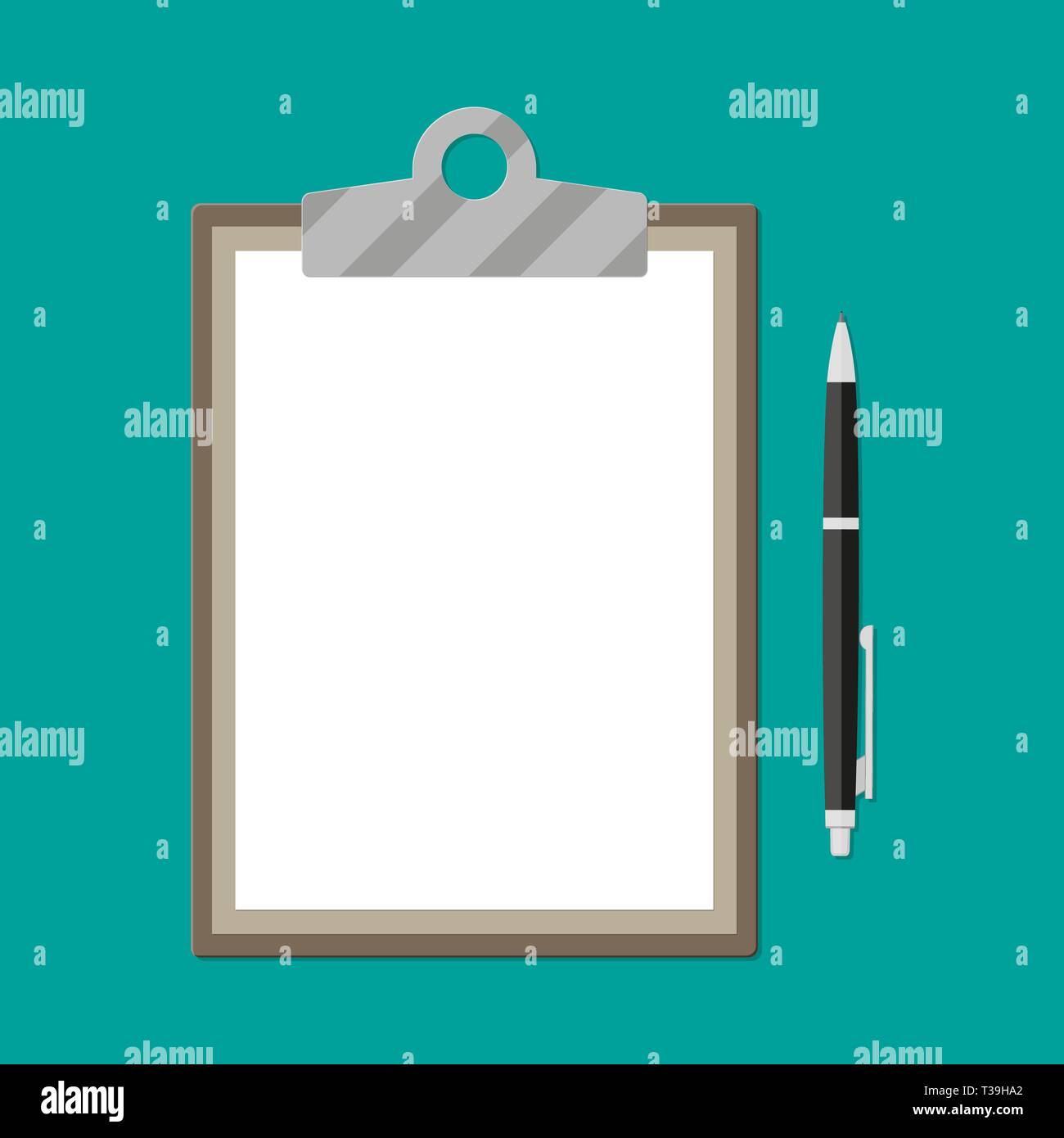 Brown clipboard with empty white paper and pen. vector illustration in ...