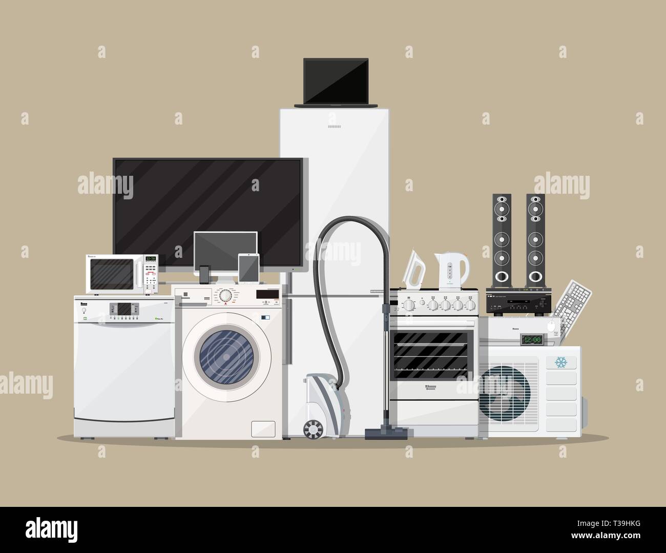 Household Appliances and Electronic Devices on brown background. vector