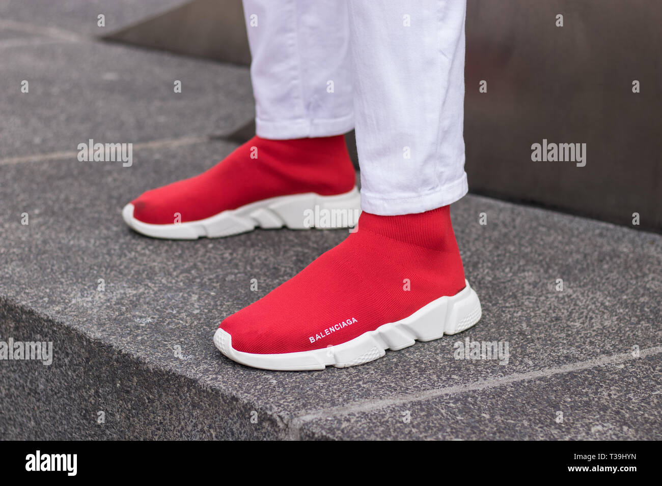 Cape Town, South Africa. 3 April 2019. Red an White Baleciaga sock running  shoes Stock Photo - Alamy