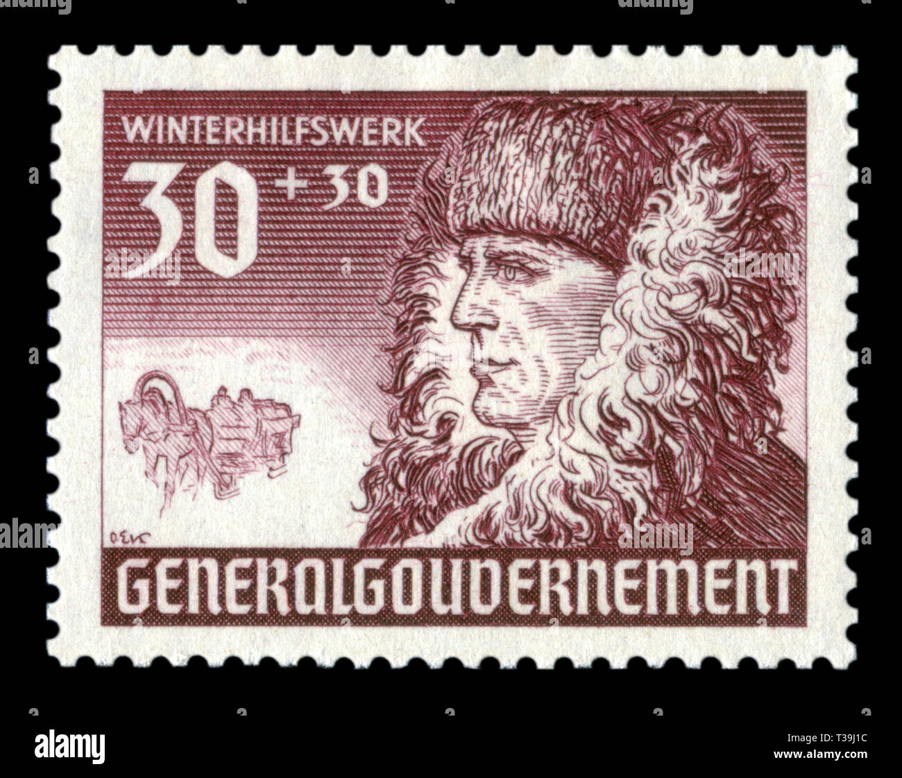 German historical stamp: portrait of a man in a fur coat, a sleigh pulled by a horse. Series 'Winter Welfare' issue 1940, Polish Governor-General Stock Photo