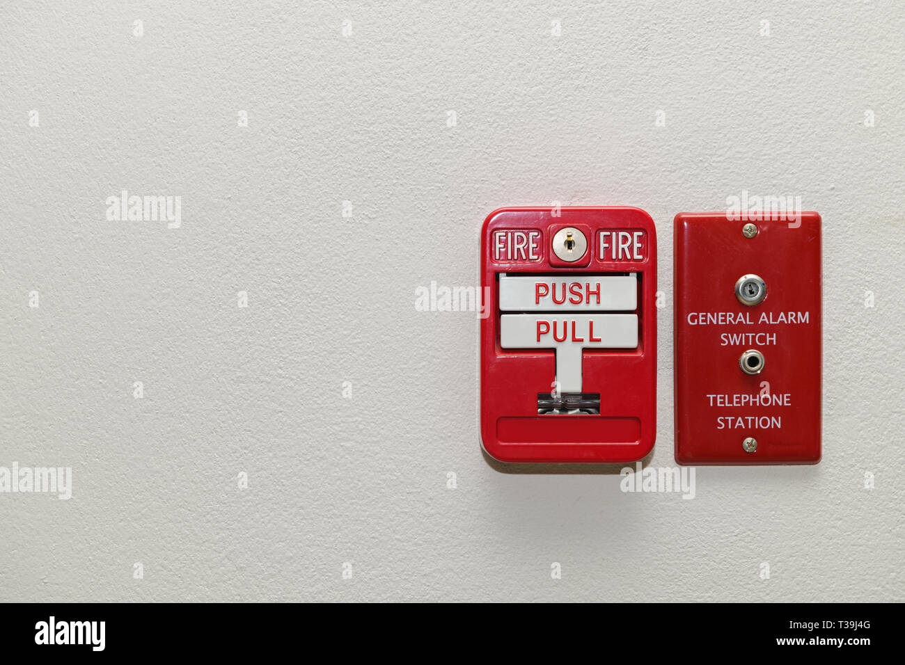 Fire alarm system. Pull danger fire safety box. Break red alarm
