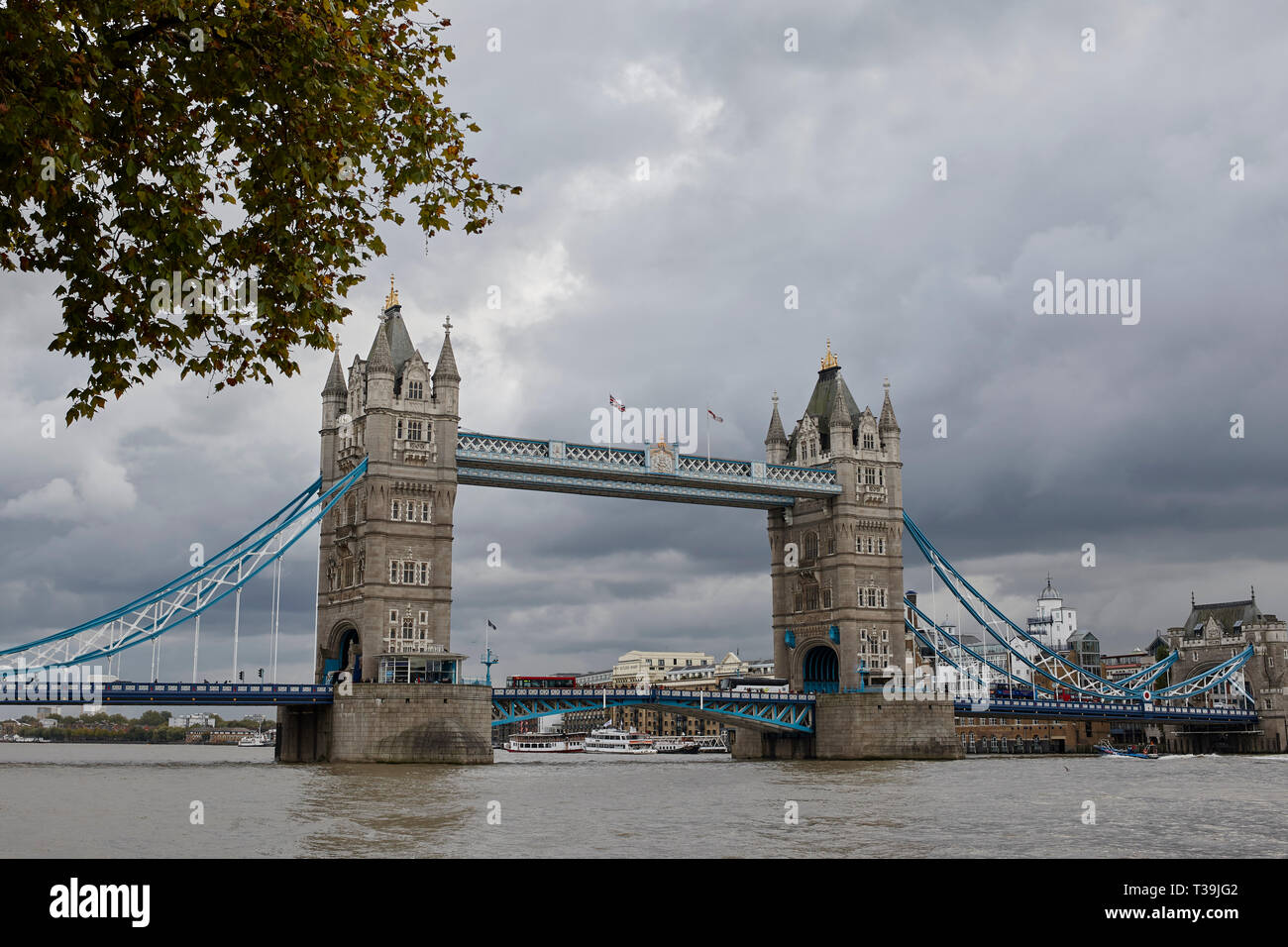 London's iconic Tower Bridge on an overcast day, viewed from the Tower of London from the north bank of the River Thames, London, Engla Stock Photo