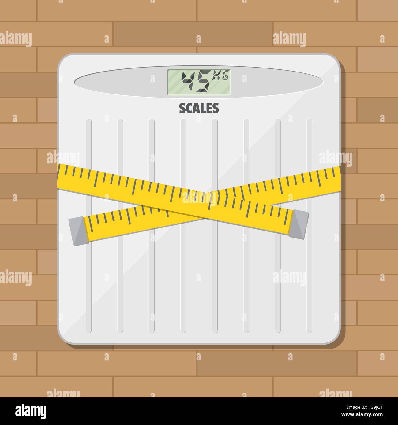 Bathroom floor weight scale and measuring tape. vector illustration in