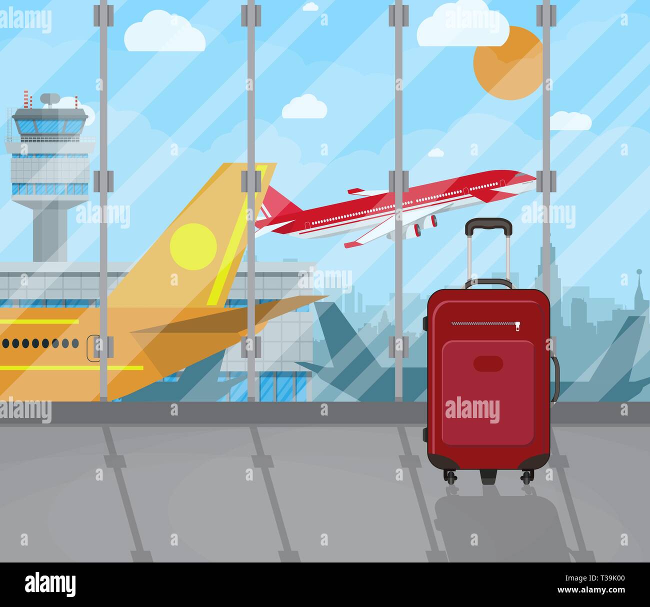 Travel suitcases inside of airport with a plane, control tower ...