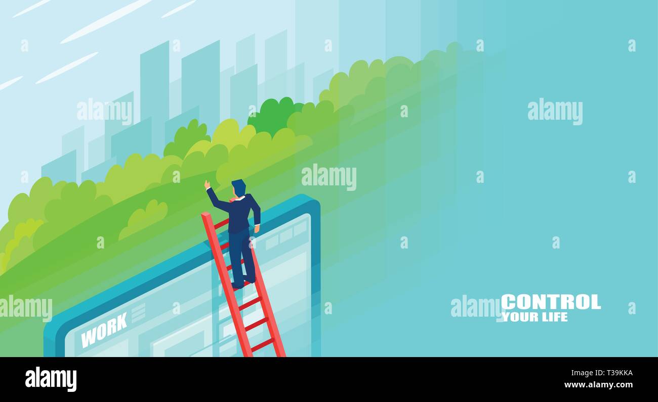 Control your life concept. Vector of a businessman climbing up a ladder to get a different perspective of his life Stock Vector