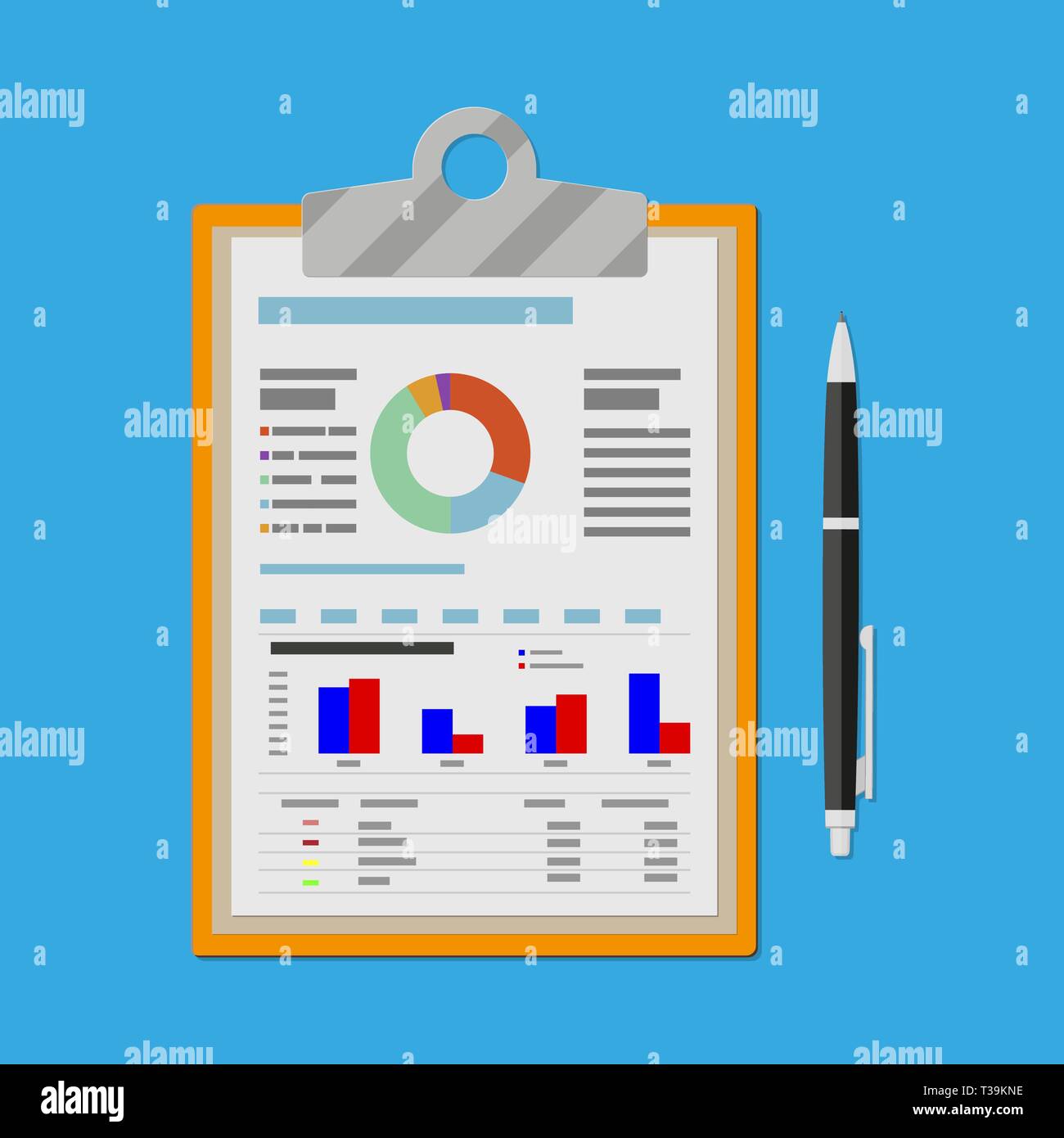 Spreadsheet concept. clipboard with financial reports and pen. vector illustration in flat