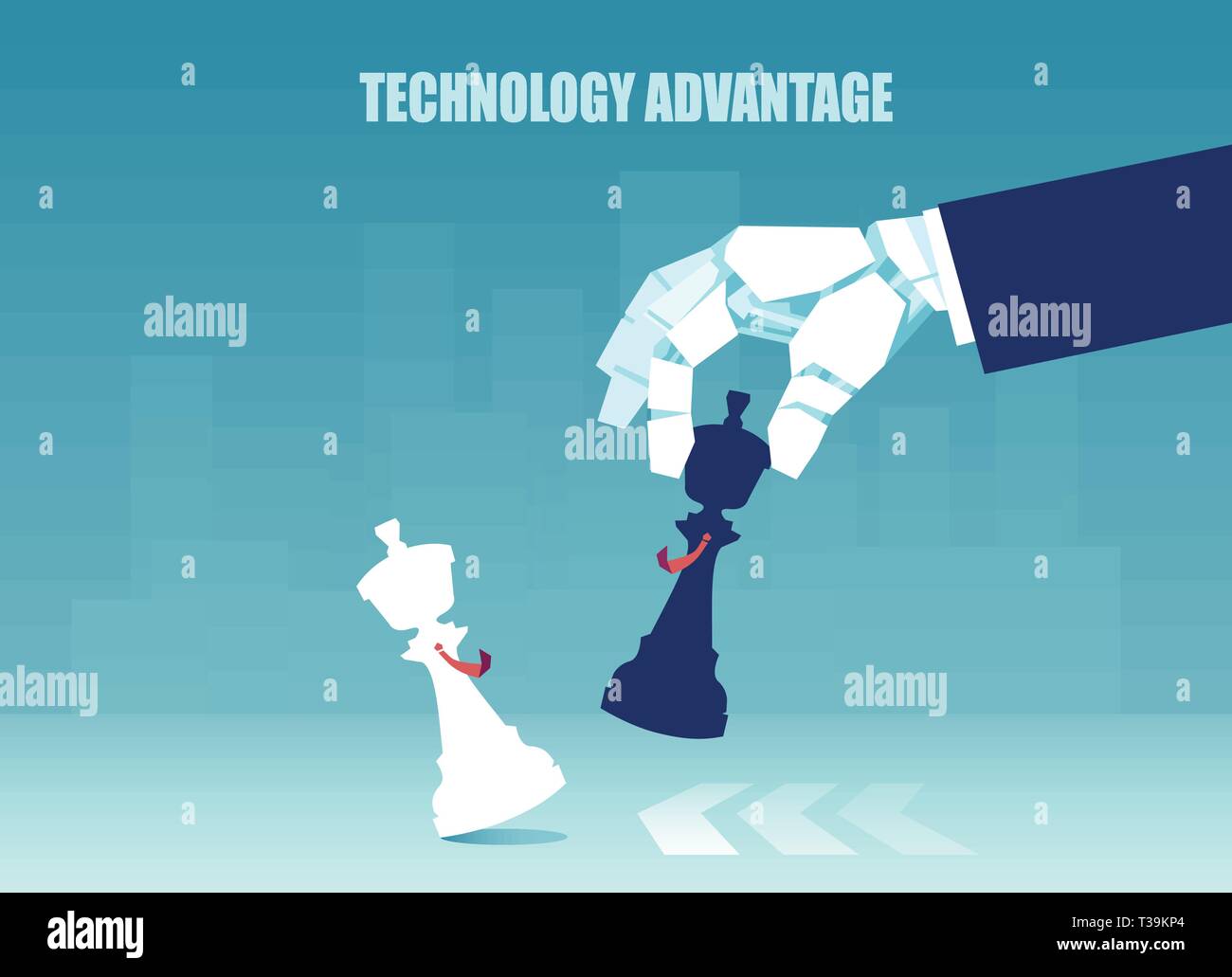Technology advantage concept. Vector of a robot hand playing winning a chess game Stock Vector