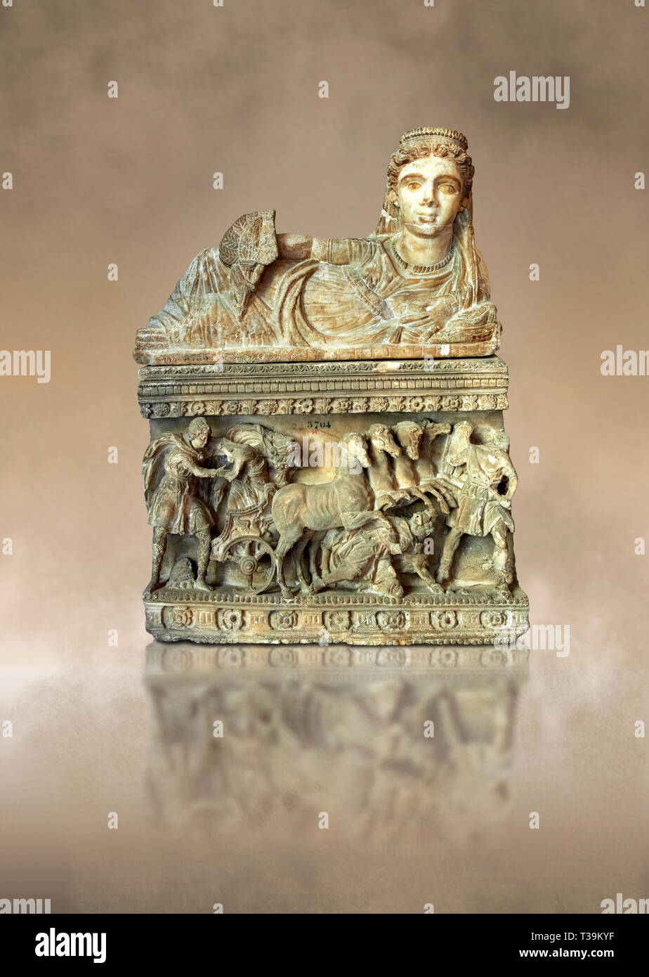 Etruscan Hellenistic style cinerary, funreary, urn , with a chariot, inv 5704,  National Archaeological Museum Florence, Italy Stock Photo