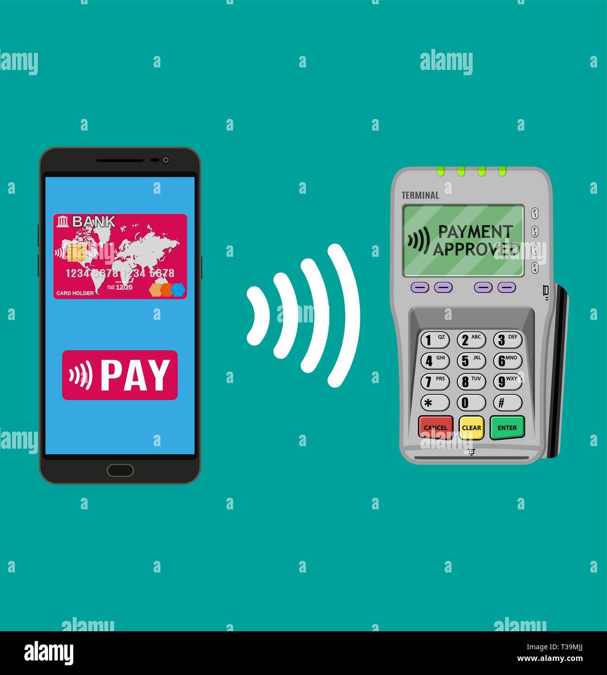 Pos terminal confirms the payment by smartphone. Vector illustration in