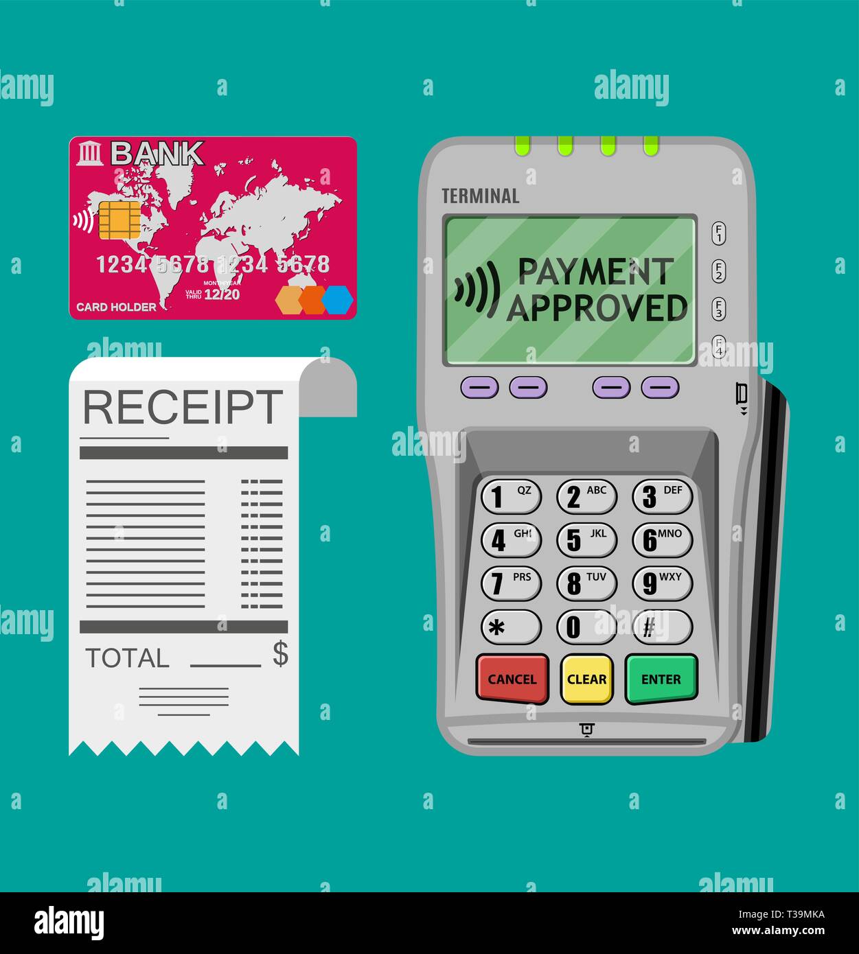 pos terminal, paper receipt and debit credit bank card. cashless