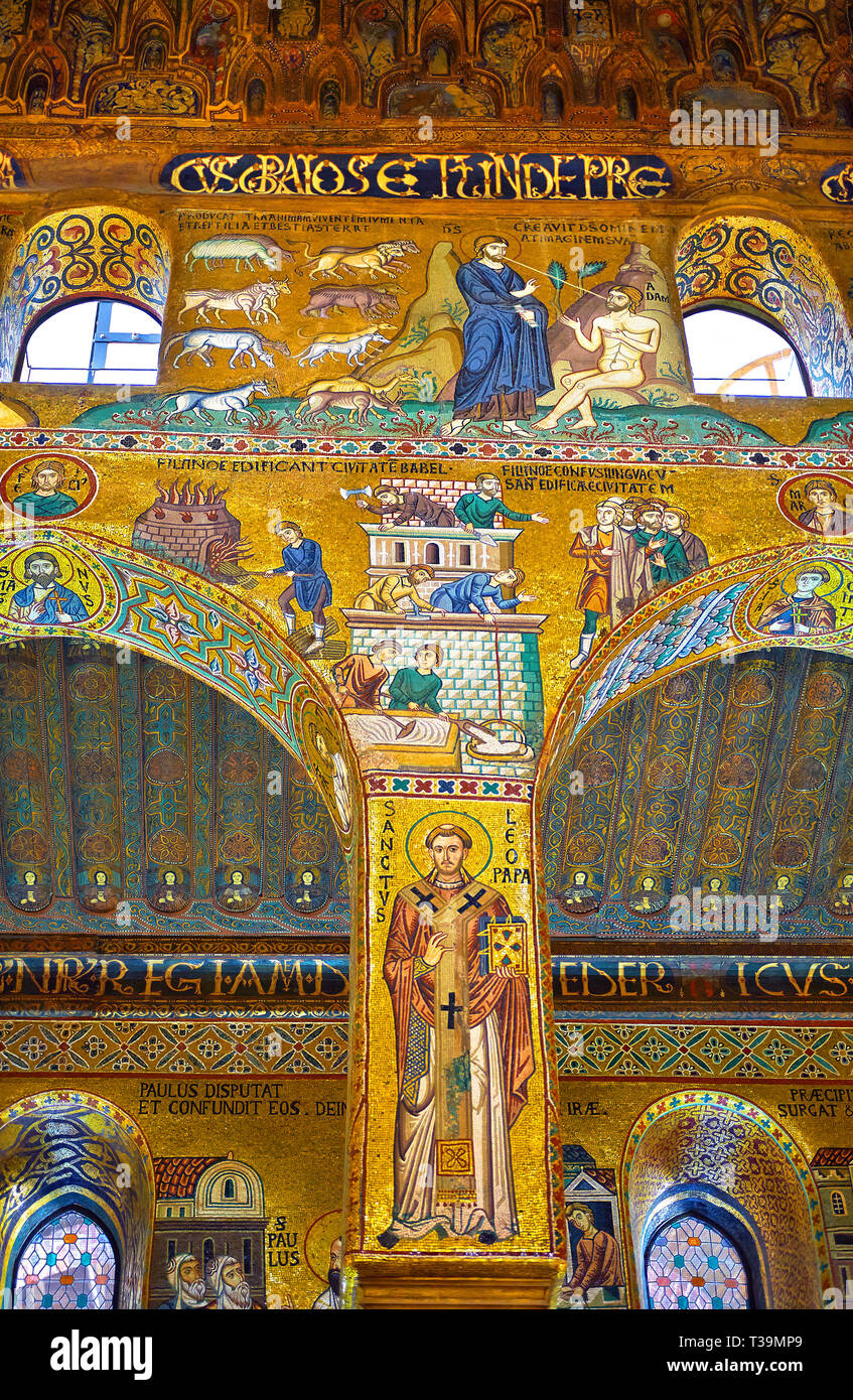 Medieval Byzantine style mosaics of the side aisle arches,  Palatine Chapel, Cappella Palatina, Palermo, Italy Stock Photo