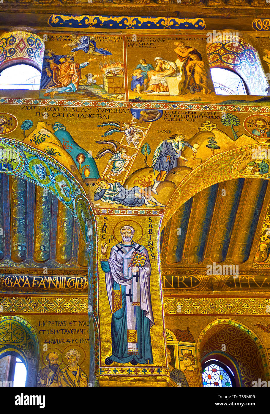 Medieval Byzantine style mosaics of the side aisle arches,  Palatine Chapel, Cappella Palatina, Palermo, Italy Stock Photo