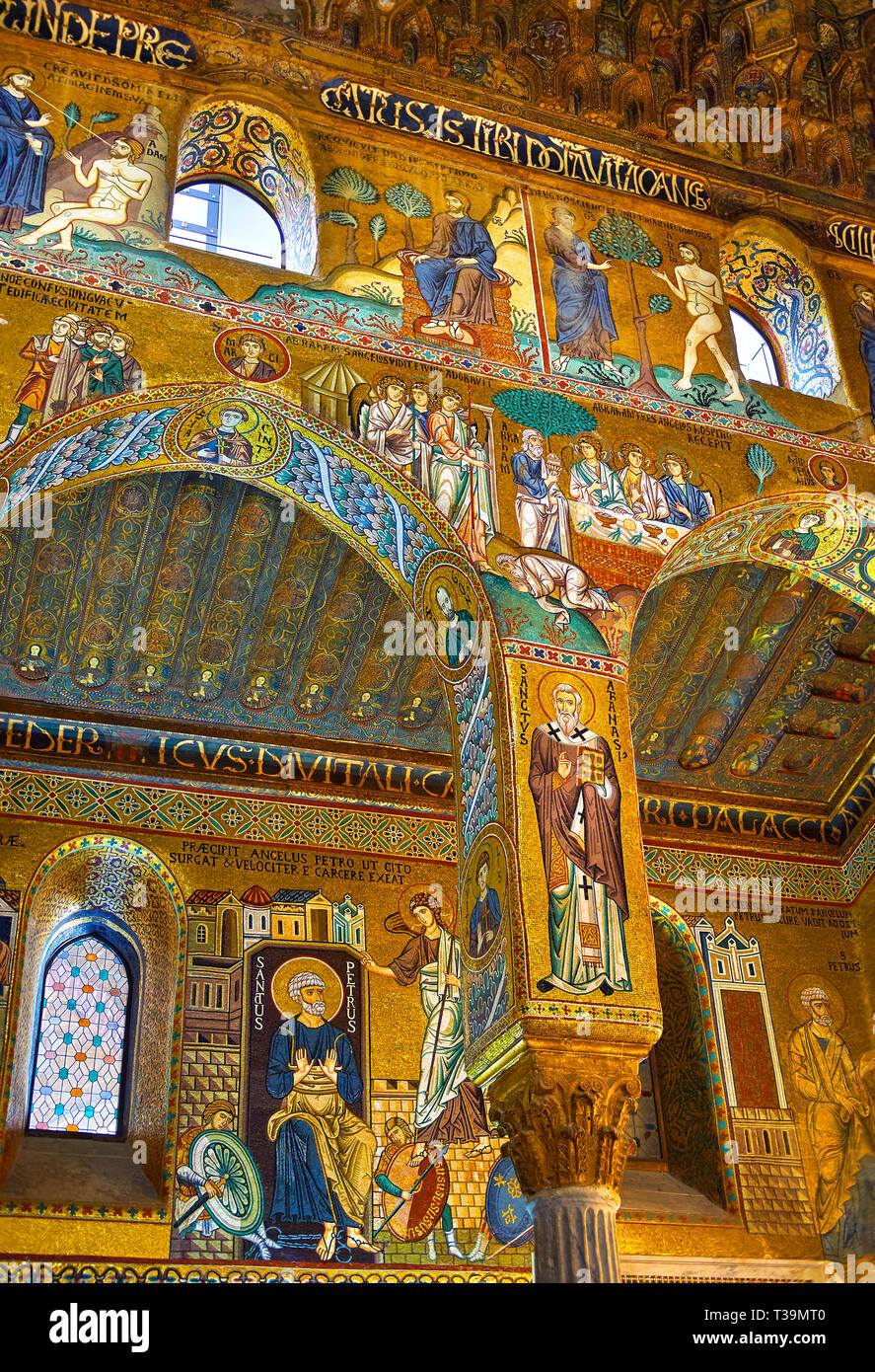 Medieval Byzantine style mosaics of the side aisle arches,  Palatine Chapel, Cappella Palatina, Palermo, Italy Stock Photo