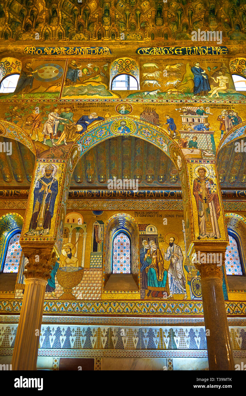 Medieval Byzantine style mosaics of the side aisle arches,  Palatine Chapel, Cappella Palatina, Palermo, Italy Stock Photo