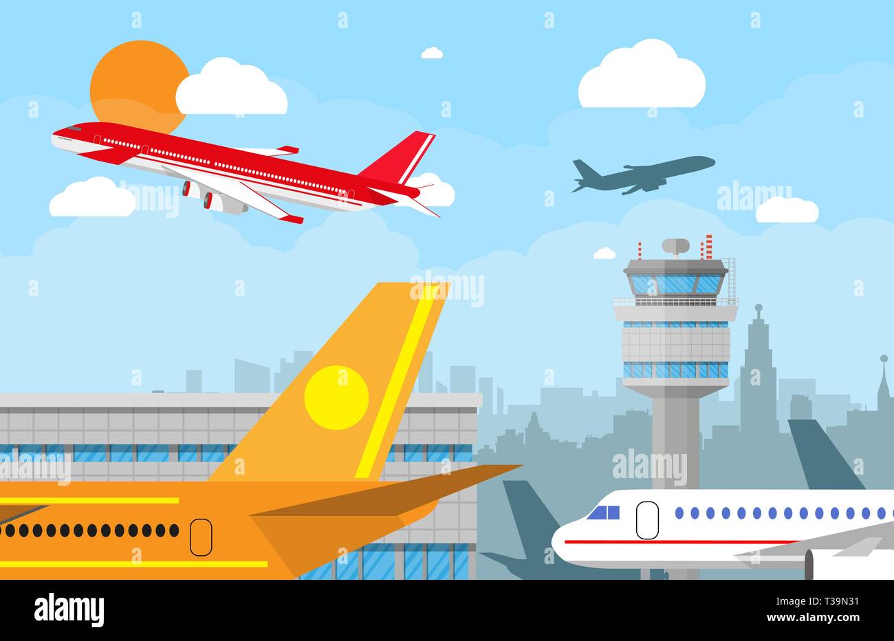 Cartoon background with gray airport control tower and flying red civil  airplane after take off in blue sky with clouds, sun and city skyline  silhouet Stock Vector Image & Art - Alamy