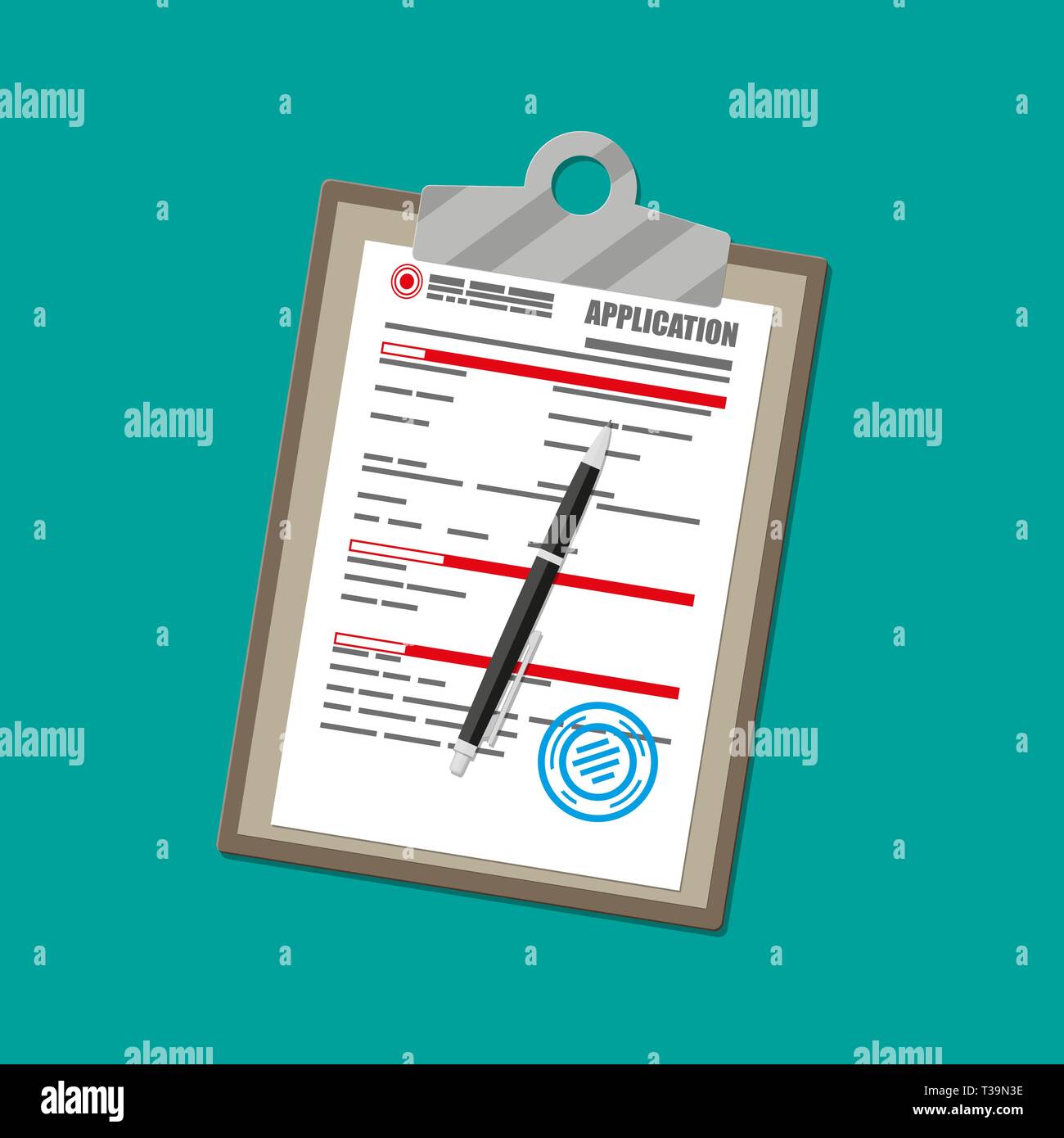 Clipboard with application form paper blank with seal and pen. Vector