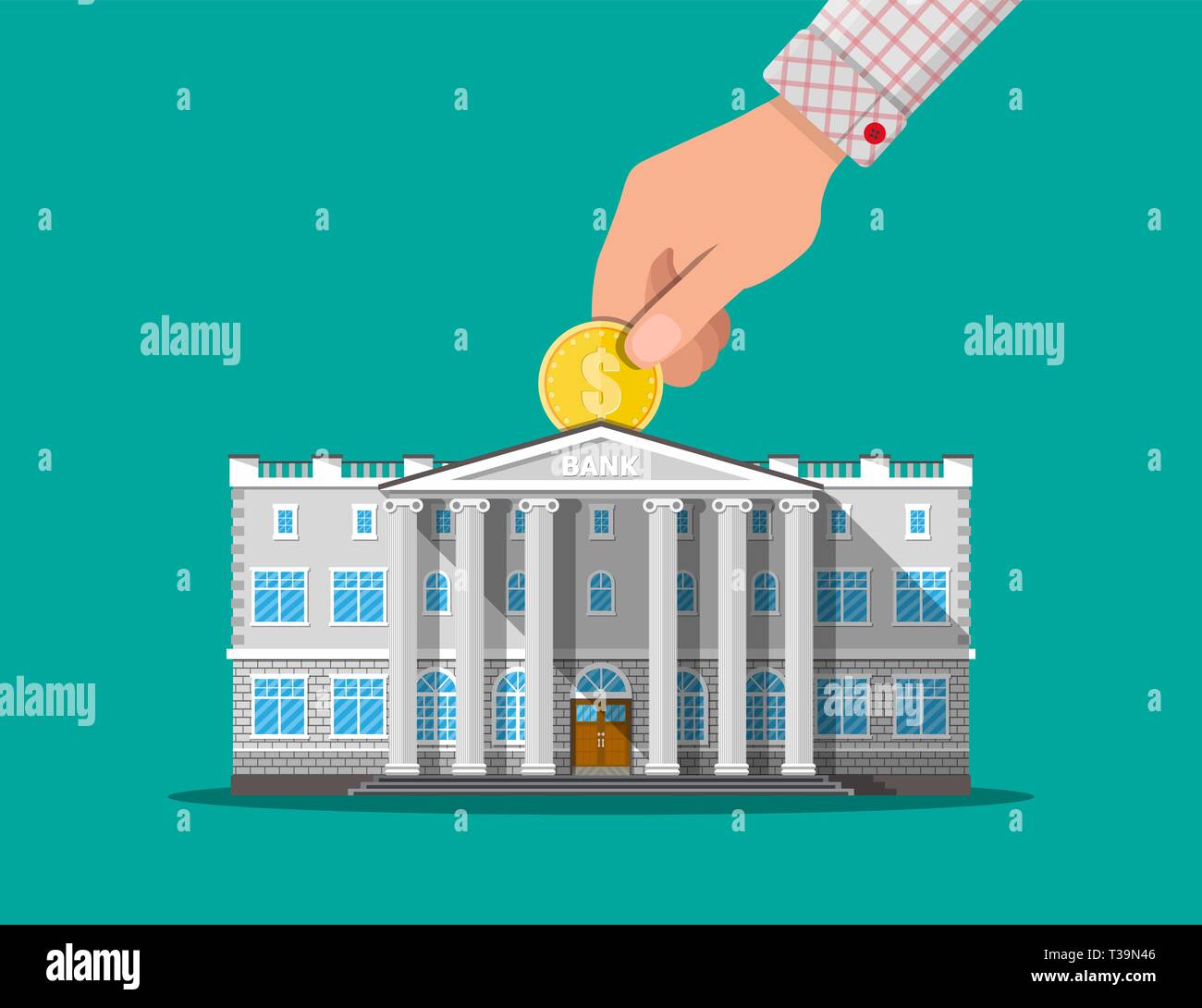 Depositing money in bank account. Hand putting coin into bank building