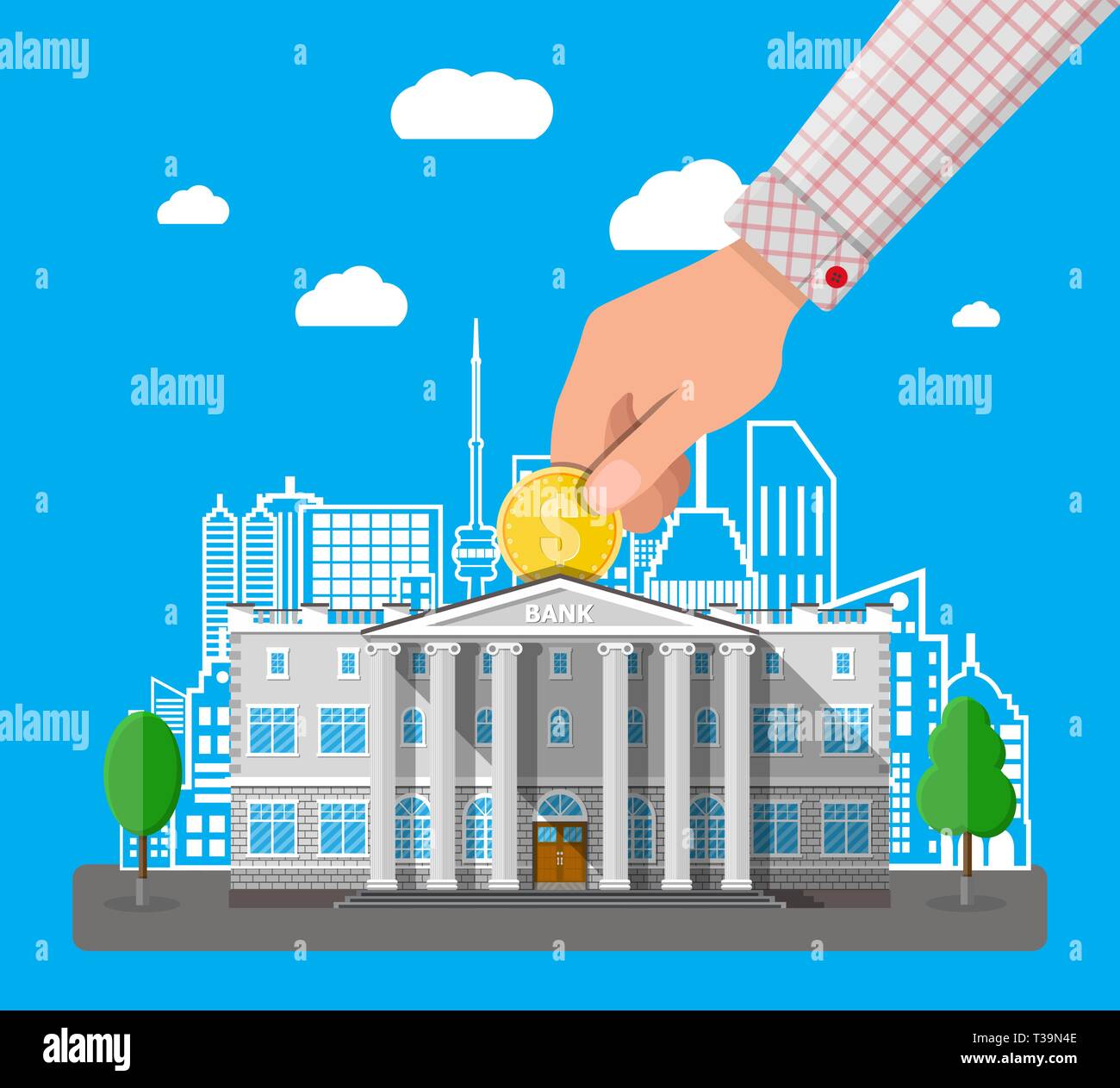 Depositing money in bank account. Hand putting coin into bank building