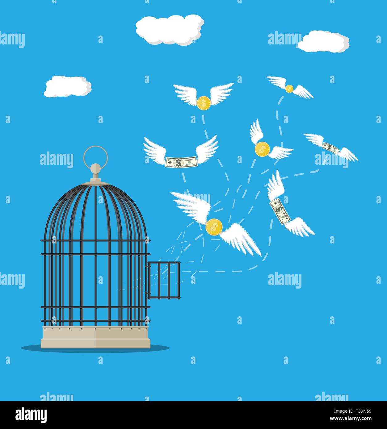 Open cage with flying dollar bills and coins. Losing money concept. Vector illustration in flat style Stock Vector