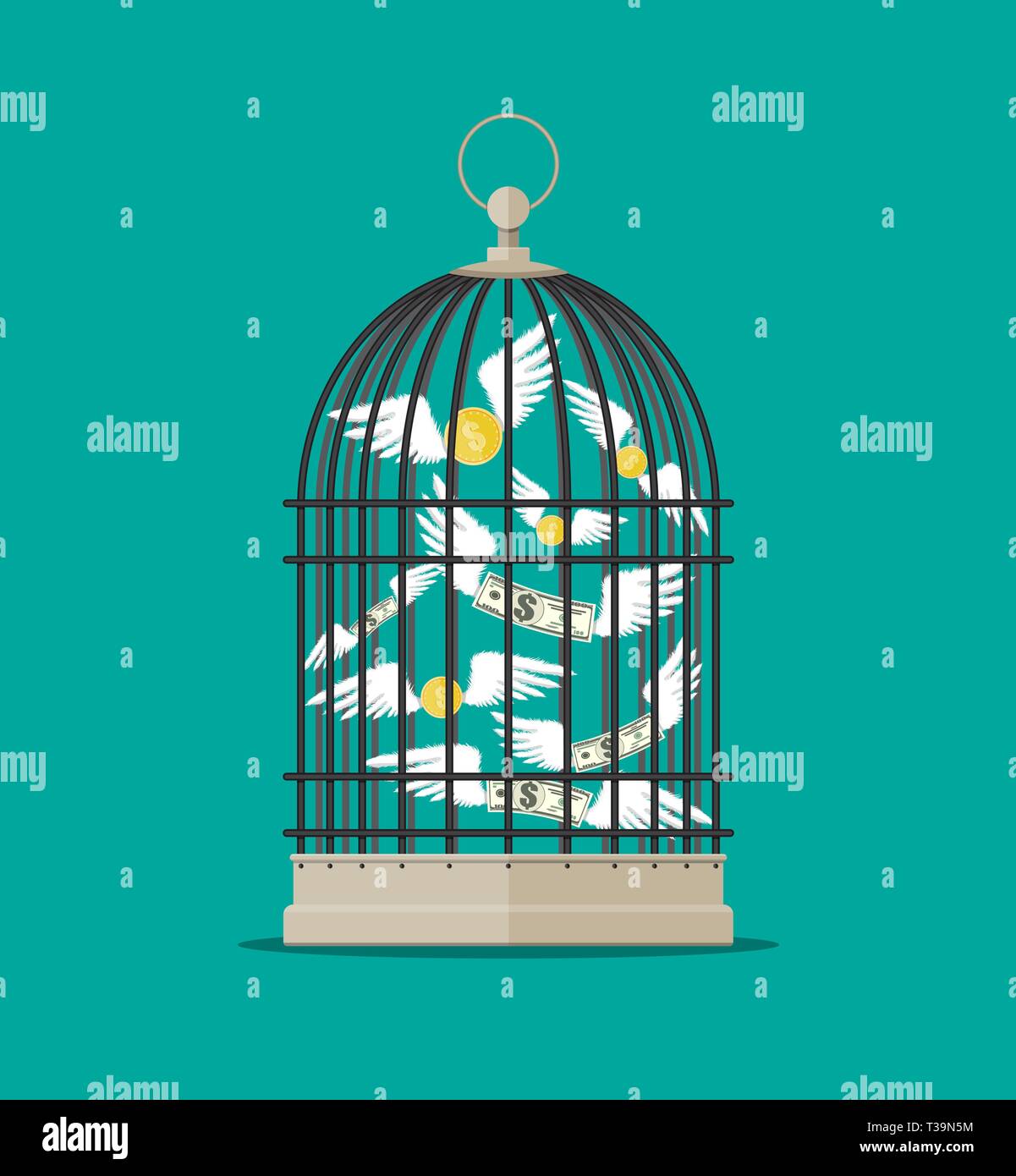 Bird cage with flying money. Investment and savings. Vector illustration in flat style Stock Vector