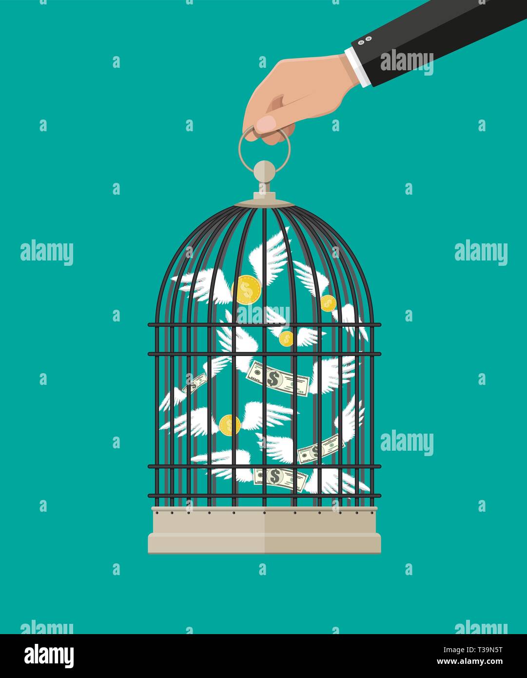 Hand holds cage with flying money. Investment and savings. Vector illustration in flat style Stock Vector