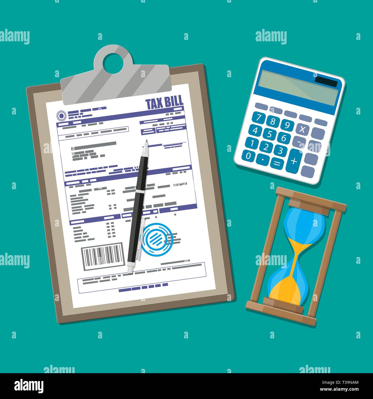 Clipboard with tax declaration paper document, pen, calculator, sand clocks. Tax day, deadline. Vector illustration in flat style Stock Vector