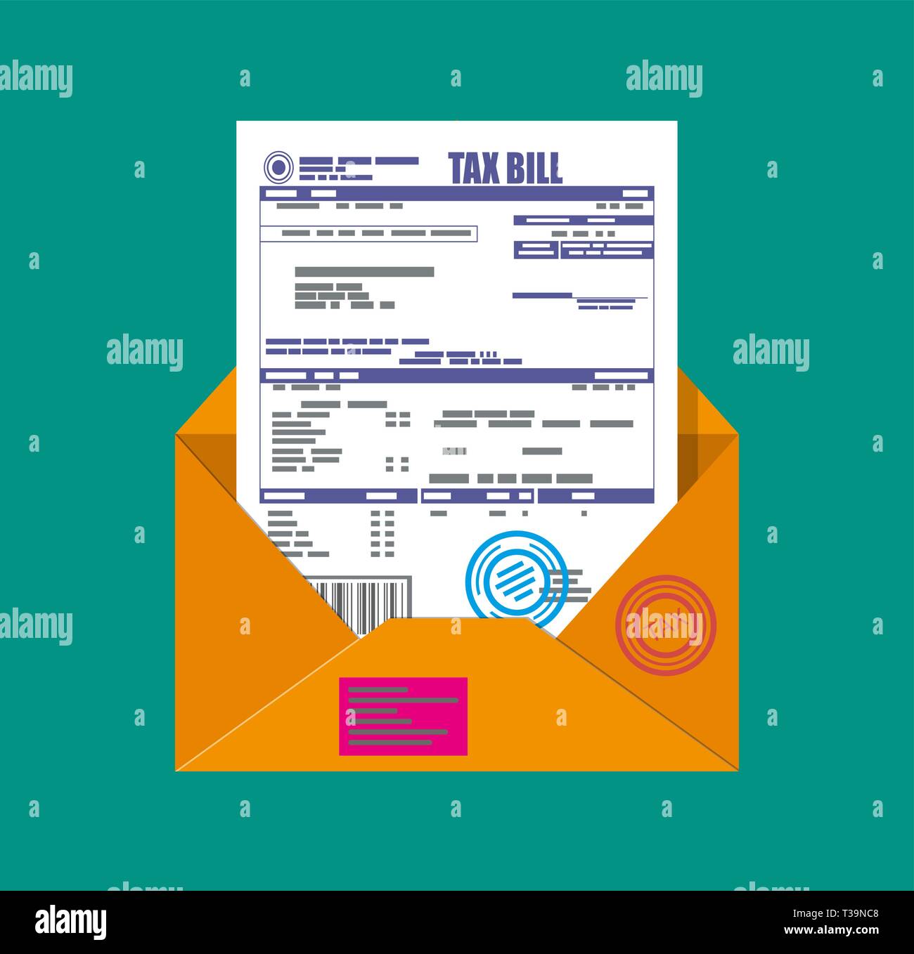 Mail envelope with tax declaration paper document. Tax day. Vector illustration in flat style Stock Vector