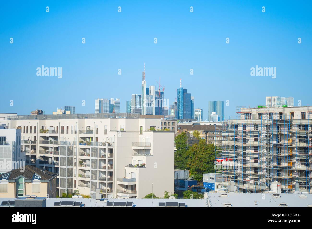 Frankfurt skyline with apartment buildings in the foreground, Germany