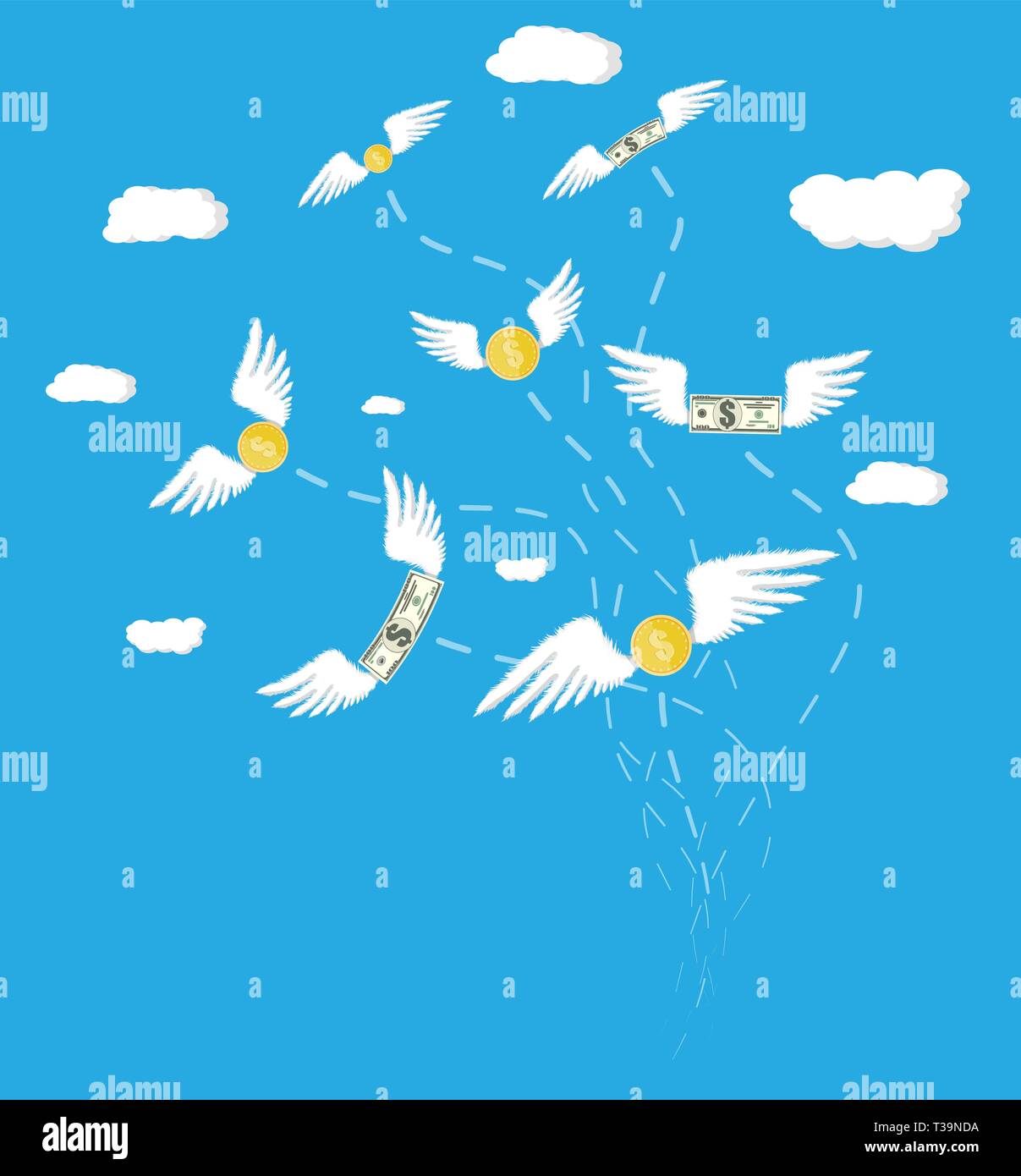 Dollars and coins with wings in the sky with clouds. Losing money ...