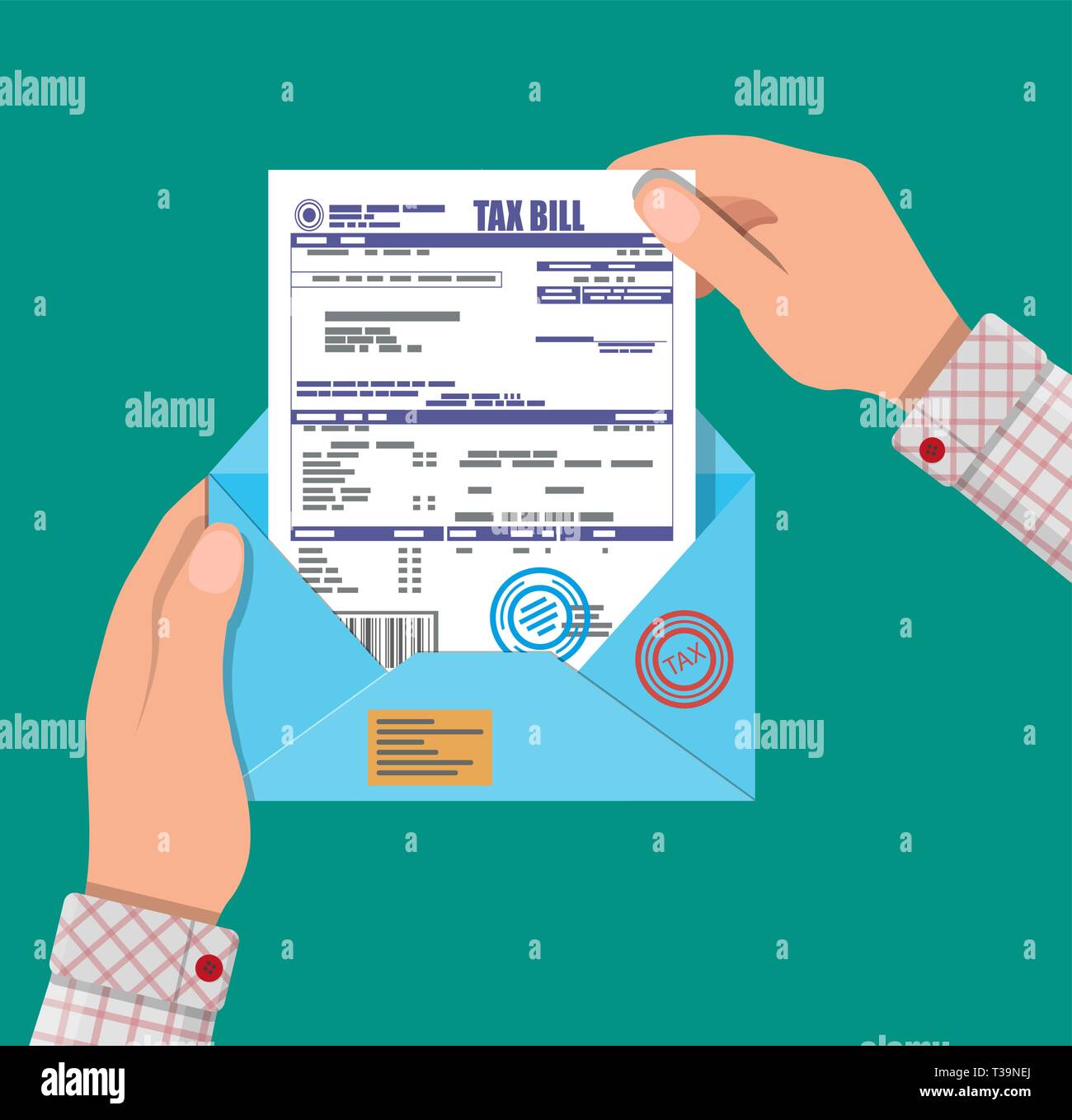 Hands holds envelope with tax declaration paper document. Tax day. Vector illustration in flat style Stock Vector