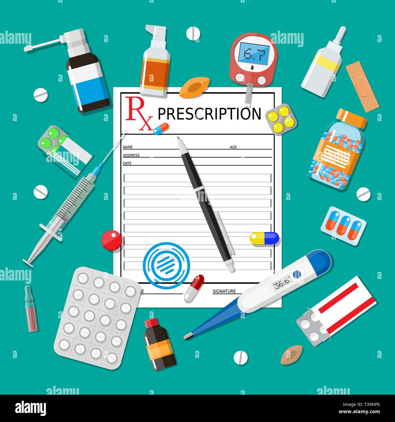 Medicine pills capsules and bottles and healthcare devices. Rx