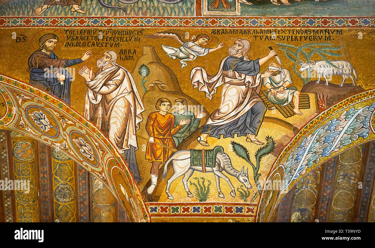 Medieval Byzantine style mosaics of the Bible story of Abraham, Palatine Chapel, Cappella Palatina, Palermo, Italy Stock Photo