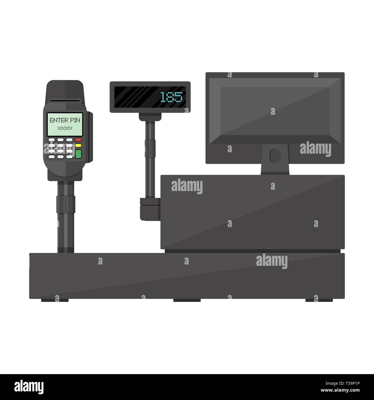 Cash register with display, payment terminal. Customer side. Vector