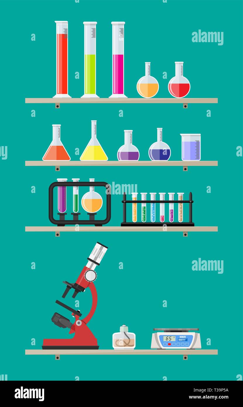 Laboratory equipment on shelves, jars, beakers, flasks, microscope, spirit lamp, scales, biology