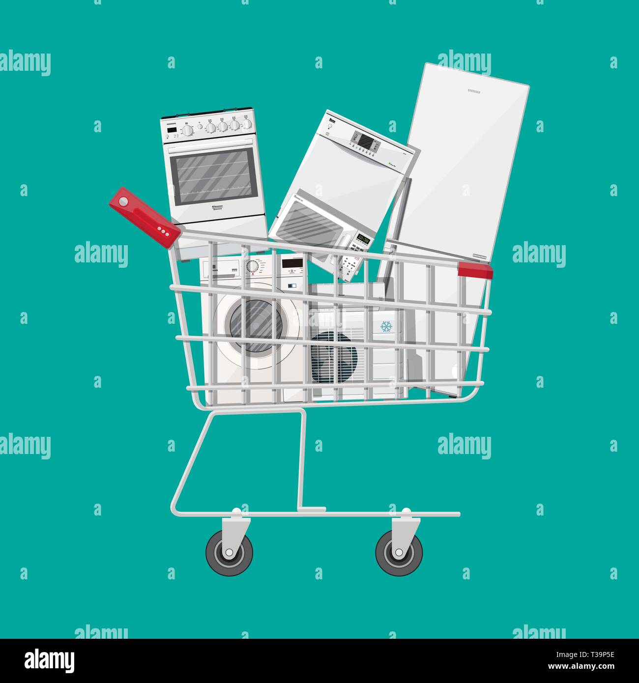 Household devices in shopping cart. Electronics stores sale. Microwave