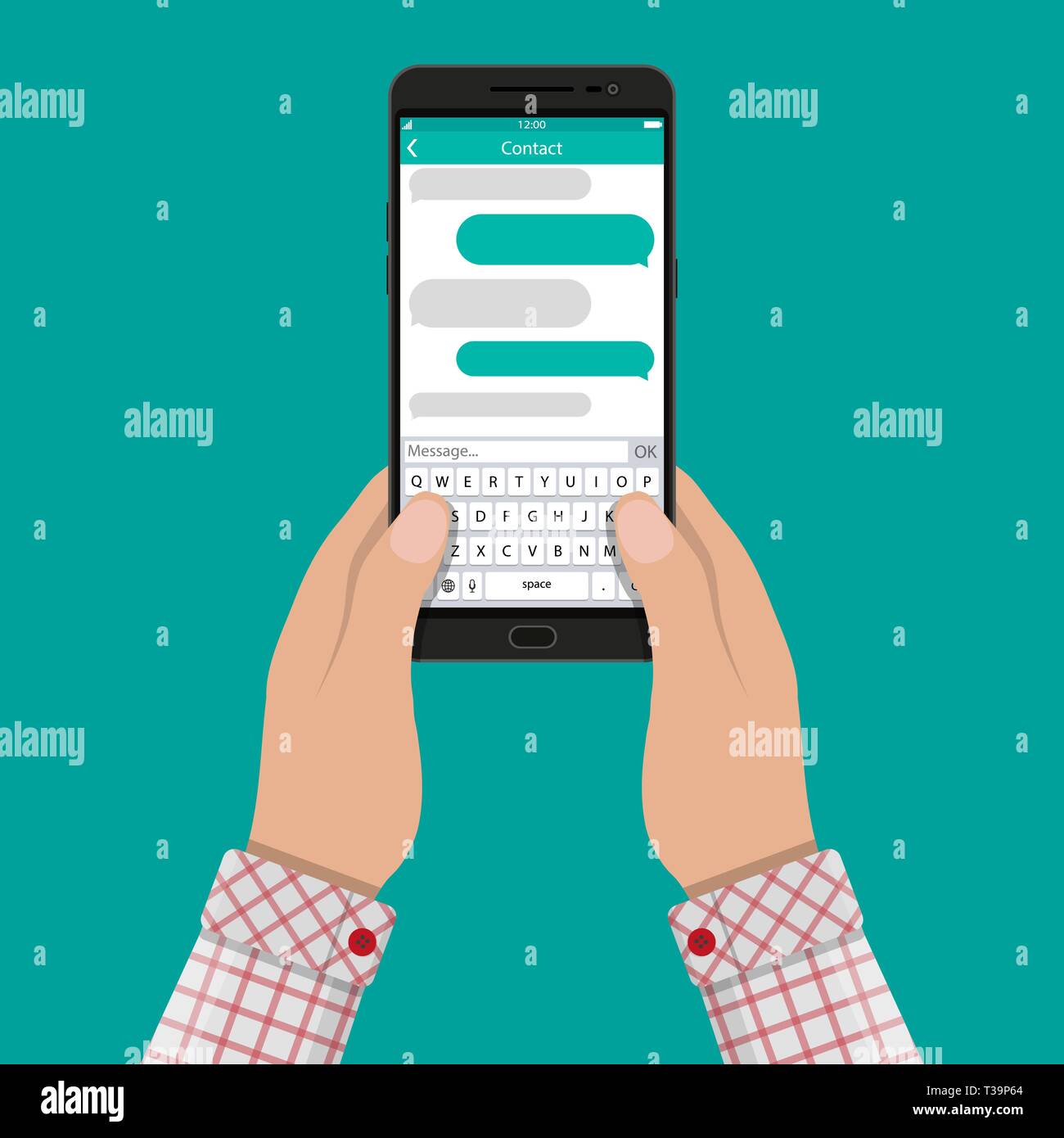 Hands holds smartphone with messaging sms app. Vector illustration in ...