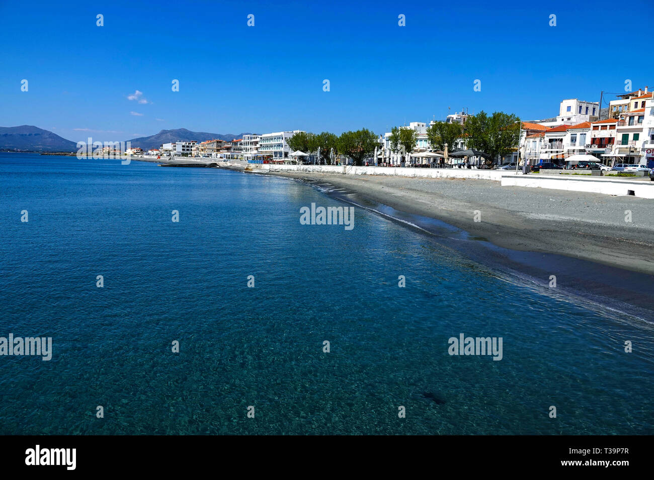 Sea front and buildings, Seaside holiday town resort of Neapoli Voion in the spring, springtime, Peleponnese, Greece, Greek Stock Photo